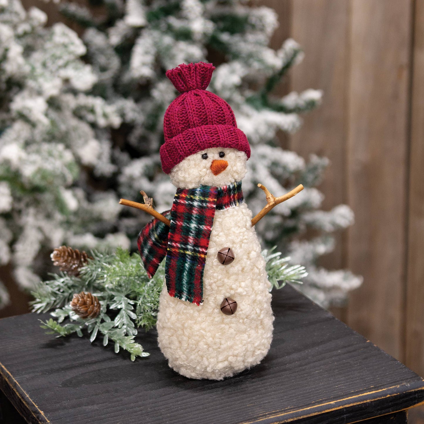 Burgundy Hat Snowman w/Green & Red Plaid Scarf - 9.5"H