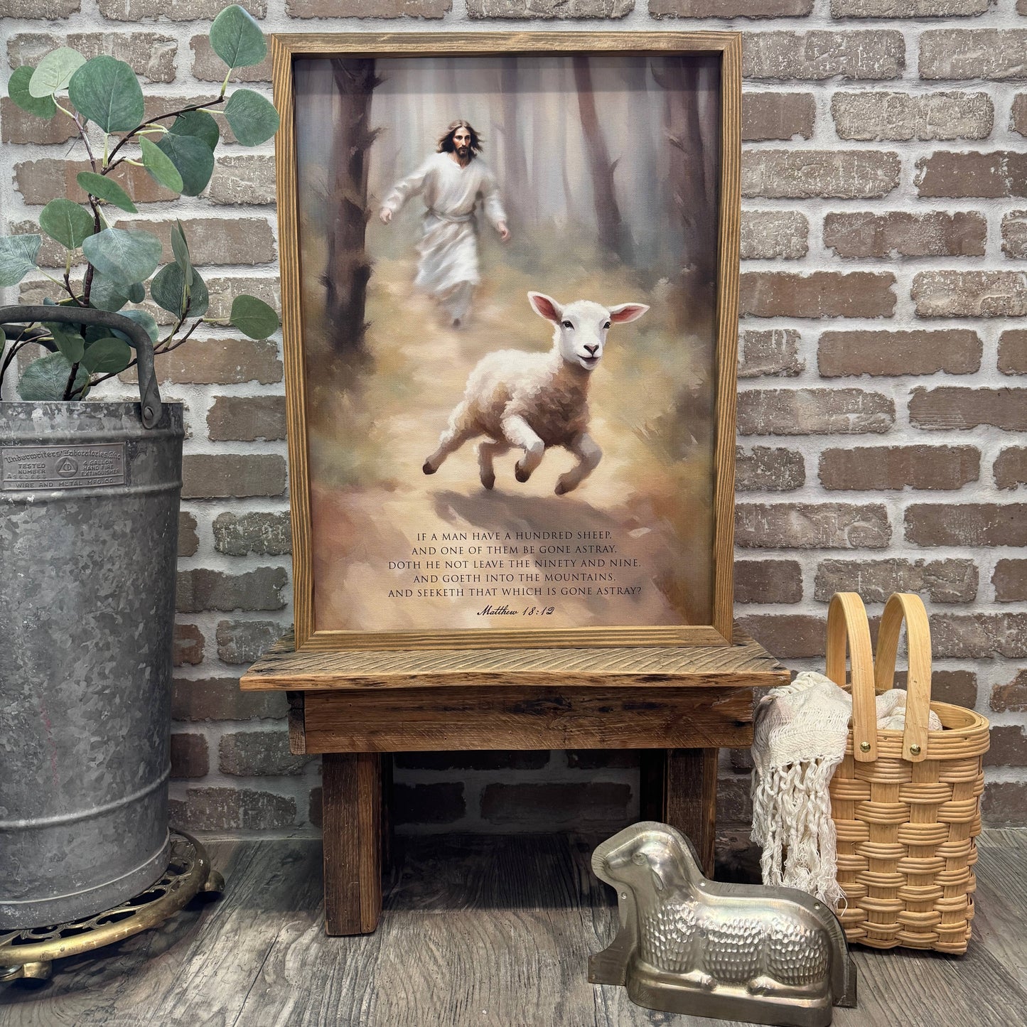 Jesus Chasing the Lost Sheep - Scripture Wall Art: 6x10" Mini Canvas Art with Wood Box Frame