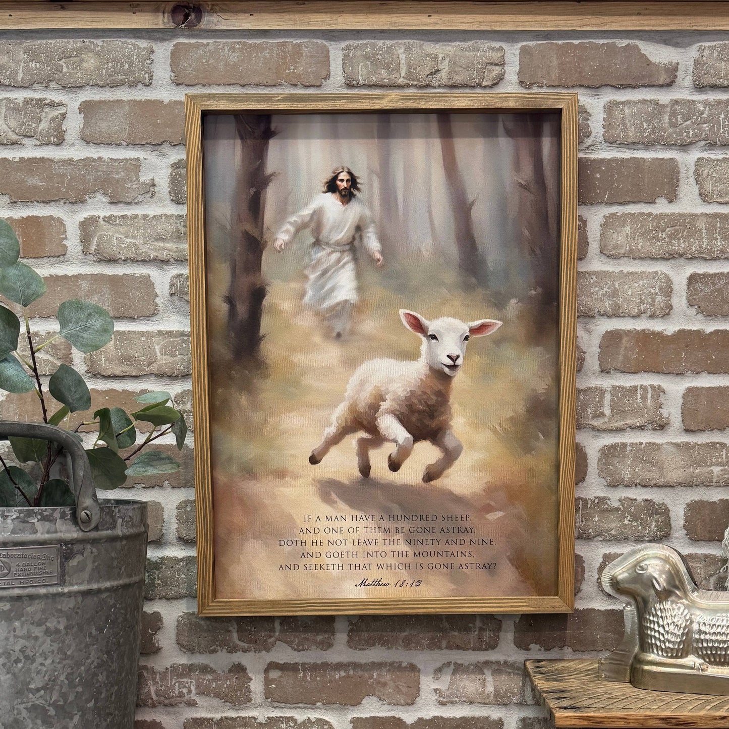 Jesus Chasing the Lost Sheep - Scripture Wall Art: 6x10" Mini Canvas Art with Wood Box Frame