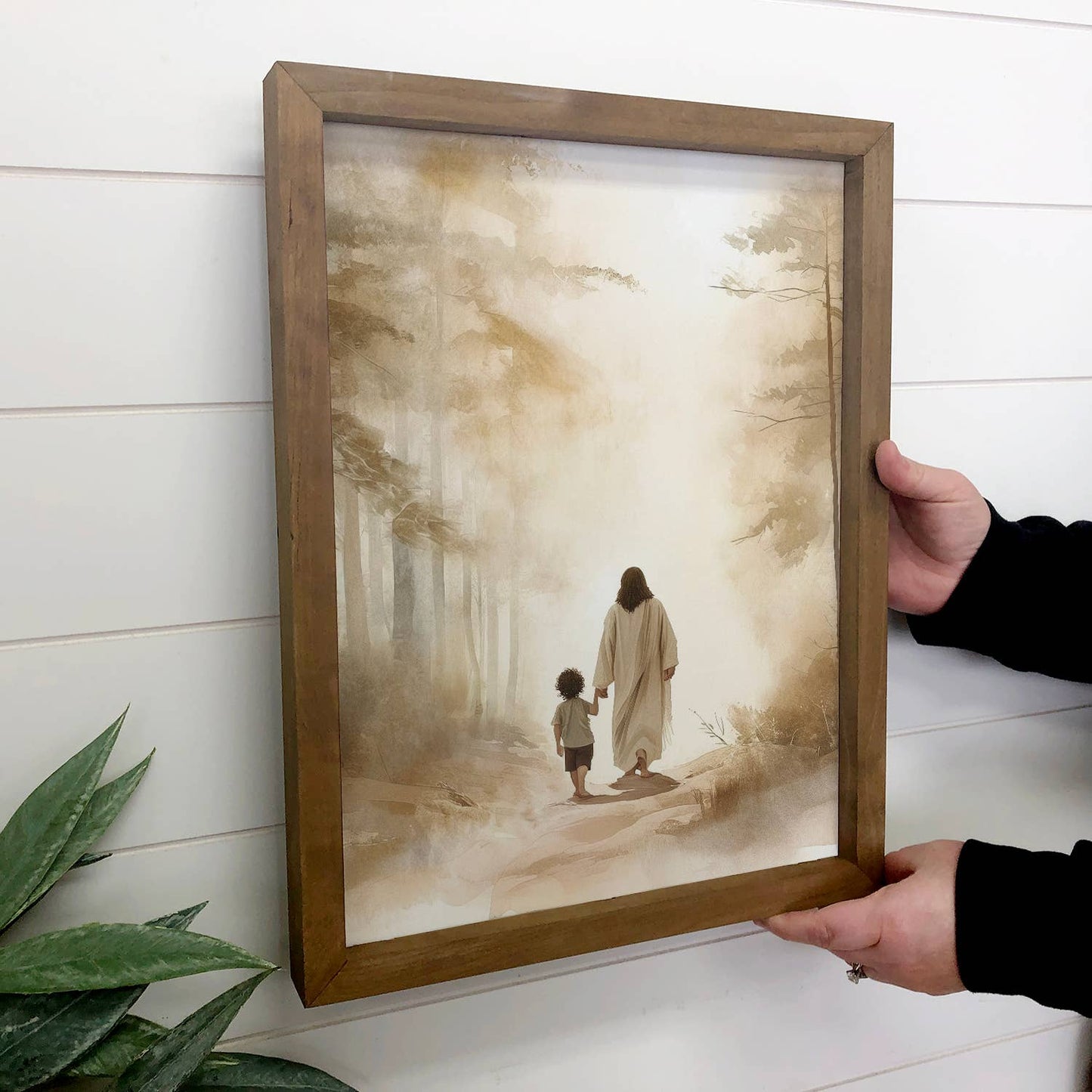 Jesus Walking with Dark Haired Boy - Jesus Canvas Art : 12x18" Medium Canvas Art with Thick Wood Frame