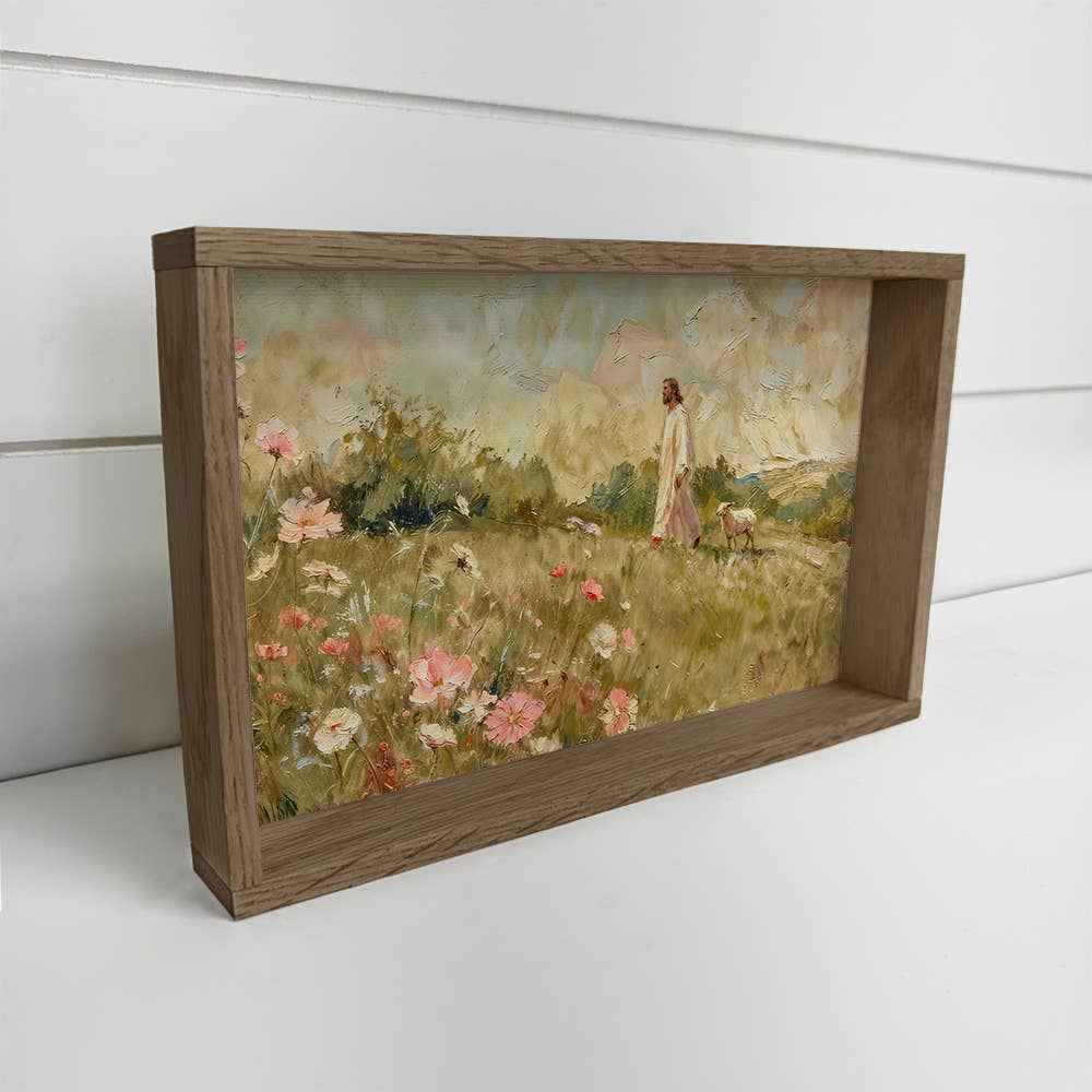 Lamb Following Jesus Wildflowers - Cottage Living Room Art: 6x10" Mini Canvas Art with Wood Box Frame