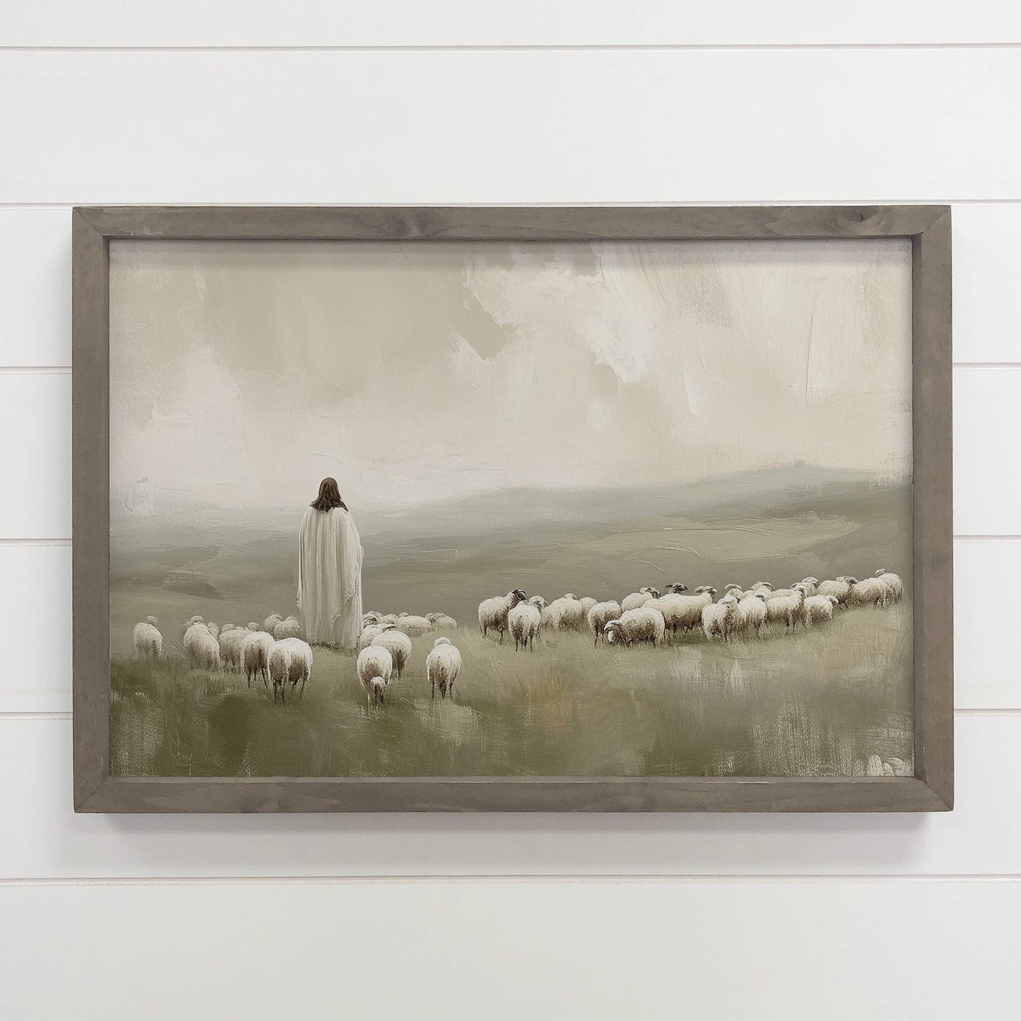 Jesus Flock of Sheep - Jesus Canvas Art - Wood Framed Decor: 6x10" Mini Canvas Art with Wood Box Frame