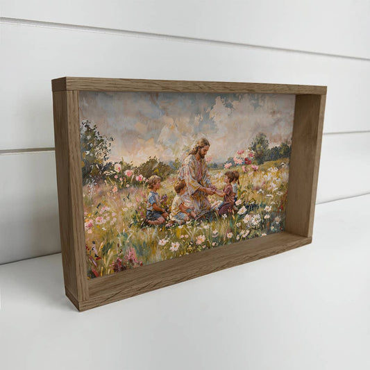 Jesus Christ with Children Meadow - Farmhouse Living Room : 6x10" Mini Canvas Art with Wood Box Frame