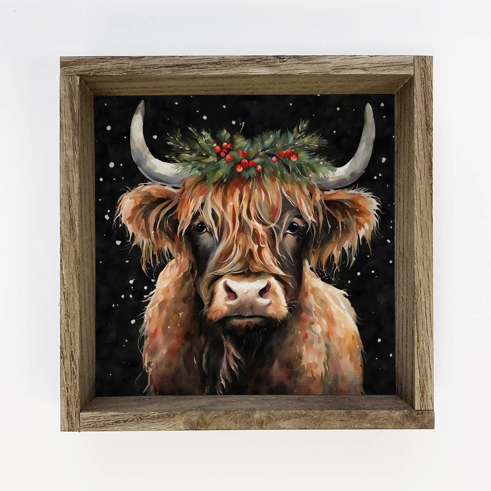 Highland Cow Christmas Black Background - Holiday Animal Art: 6x6" Mini Canvas Art with Wood Box Frame