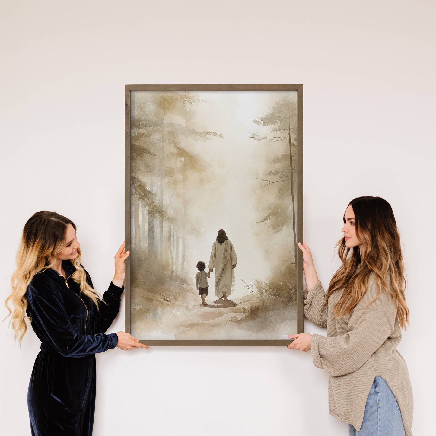 Jesus Walking with Dark Haired Boy - Jesus Canvas Art : 12x18" Medium Canvas Art with Thick Wood Frame