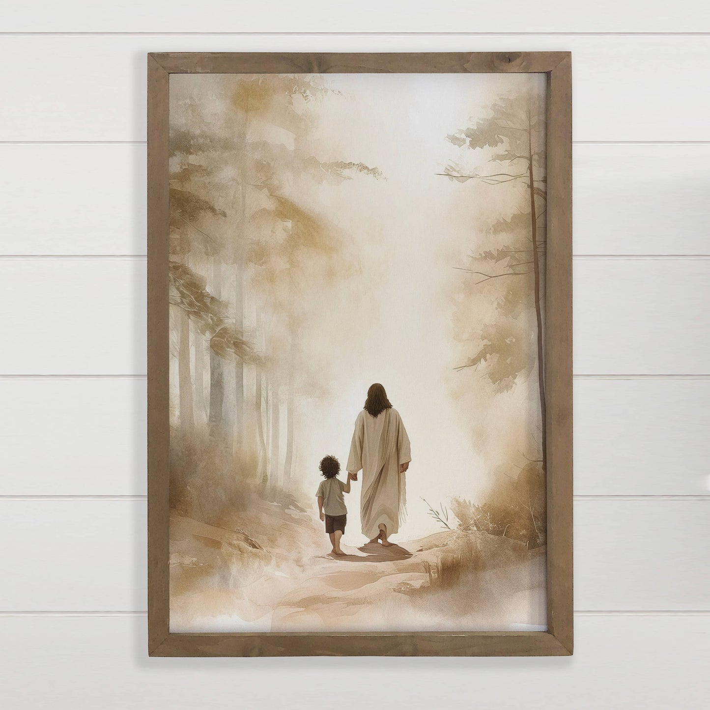 Jesus Walking with Dark Haired Boy - Jesus Canvas Art : 12x18" Medium Canvas Art with Thick Wood Frame