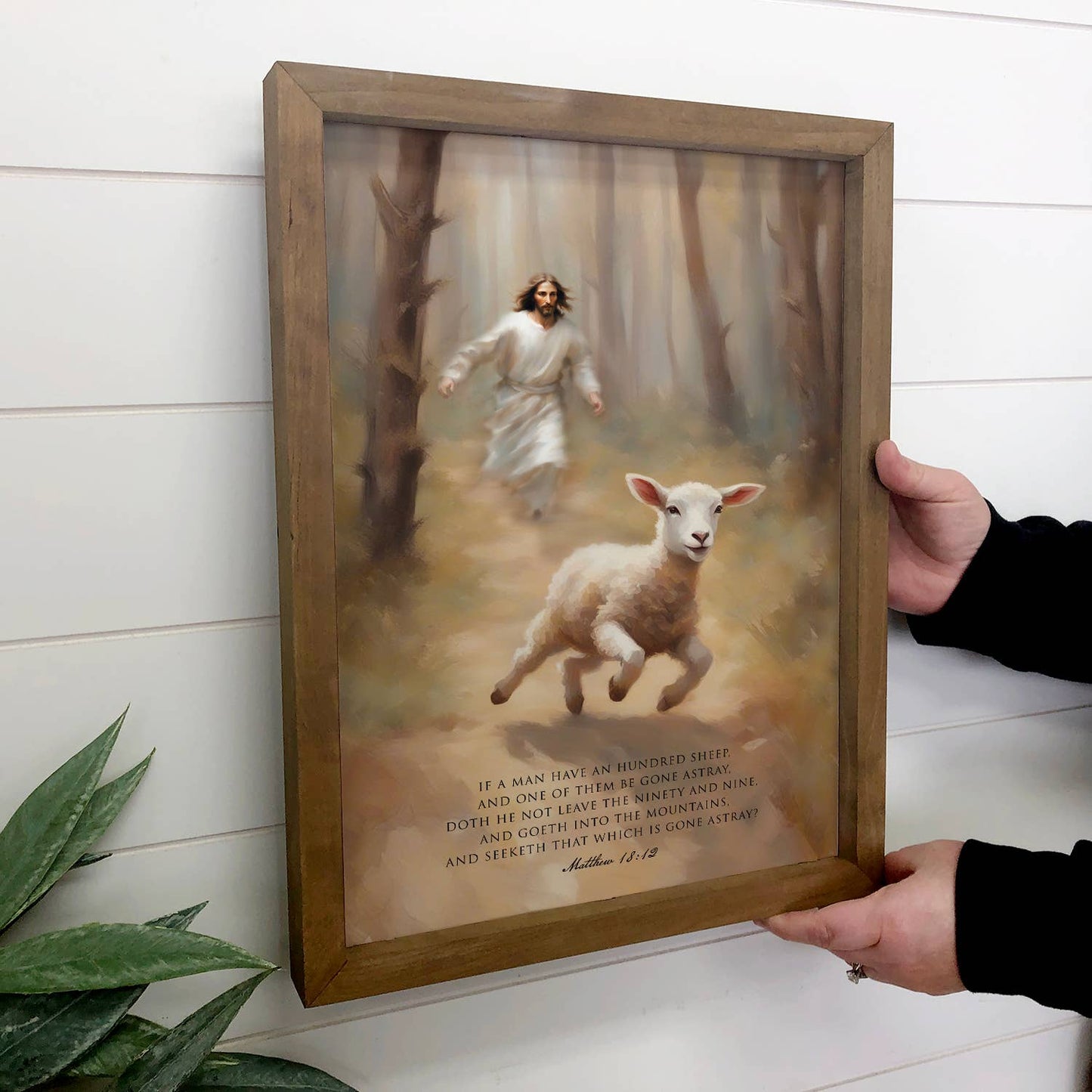 Jesus Chasing the Lost Sheep - Scripture Wall Art: 6x10" Mini Canvas Art with Wood Box Frame
