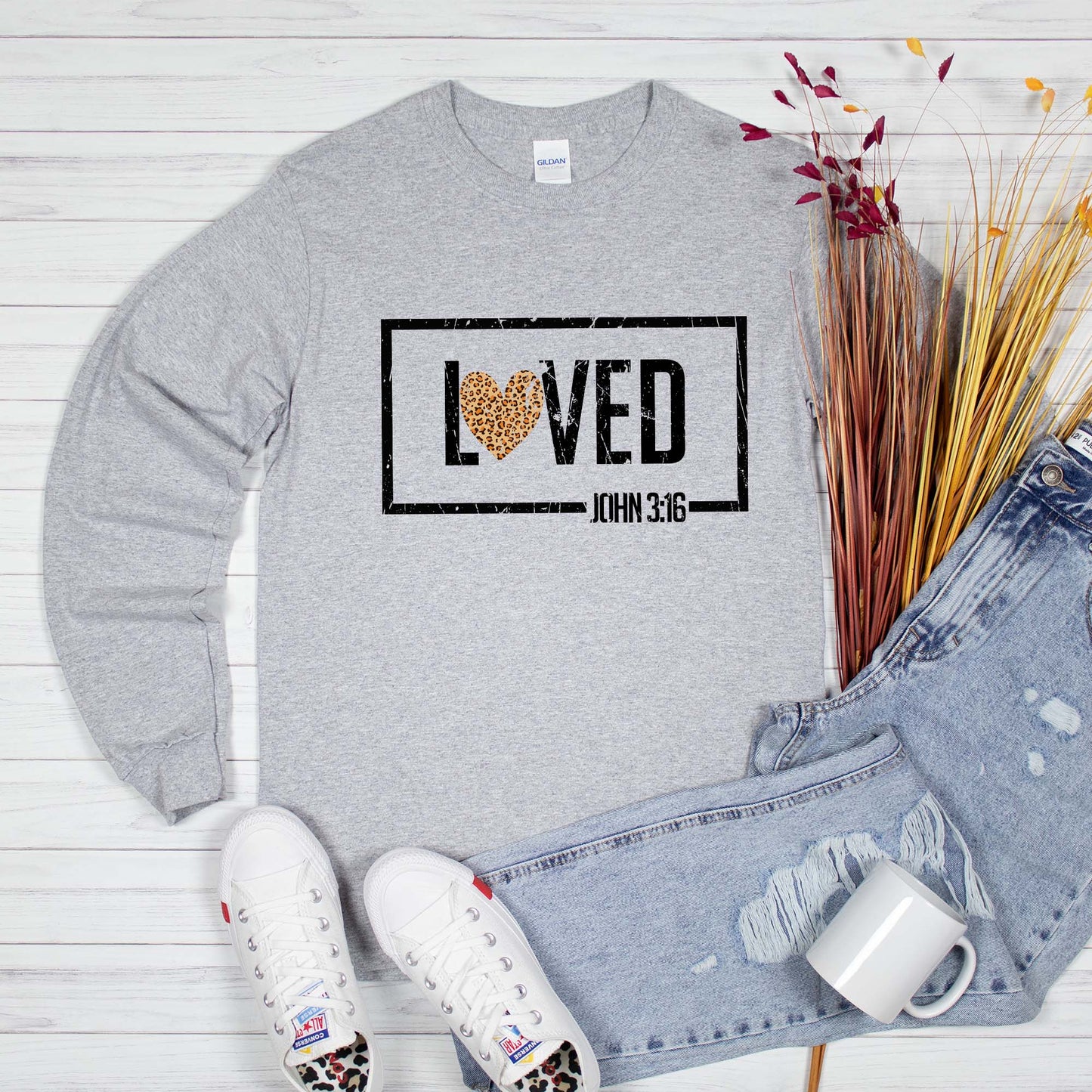 Loved John 3:16 Leopard Heart Long Sleeve: S