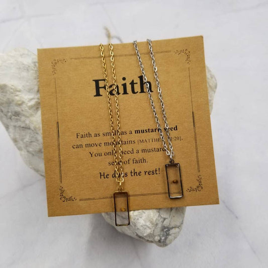 Faith Rectangle Mustard Seed Necklace - With Card: Silver