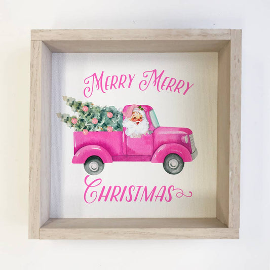 Pink Christmas Vintage Truck Wood Sign with Whitewash Frame: 6x6" Mini Canvas Art with Wood Box Frame