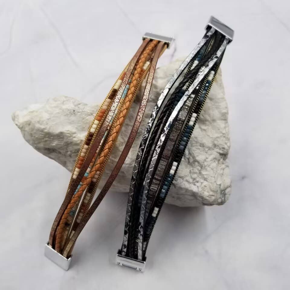 Boho Beaded Leather Wrap Magnetic Bracelet: Brown