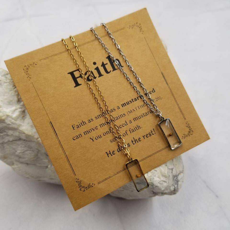 Faith Rectangle Mustard Seed Necklace - With Card: Gold