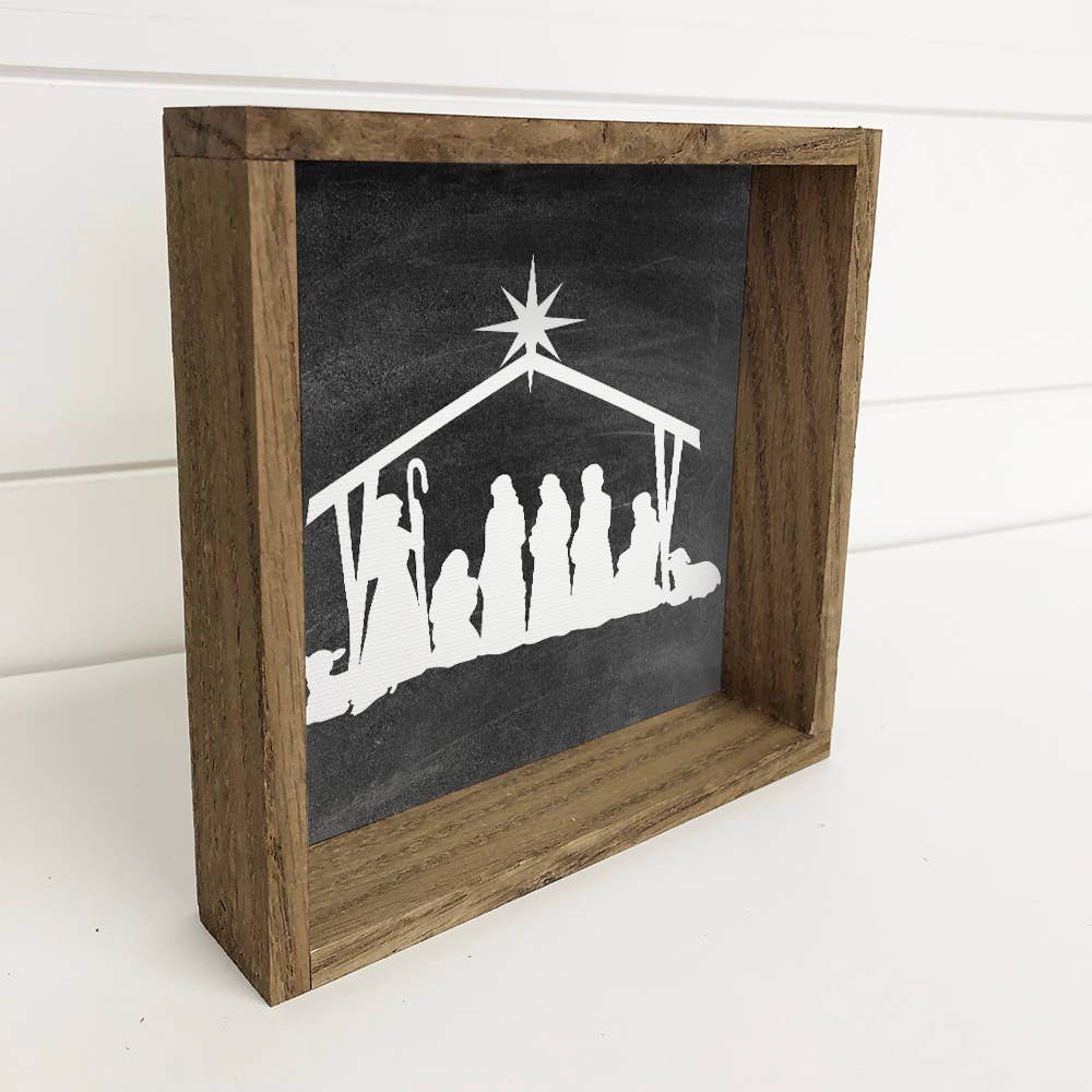 Nativity Black Canvas Wall Art Small Christmas Small Decor: 6x6" Mini Canvas Art with Wood Box Frame