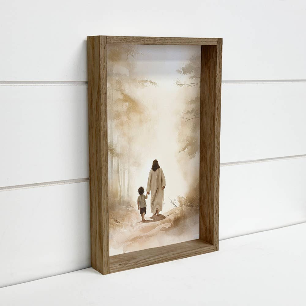 Jesus Walking with Dark Haired Boy - Jesus Canvas Art : 12x18" Medium Canvas Art with Thick Wood Frame