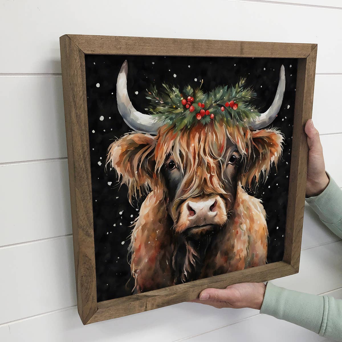 Highland Cow Christmas Black Background - Holiday Animal Art: 6x6" Mini Canvas Art with Wood Box Frame