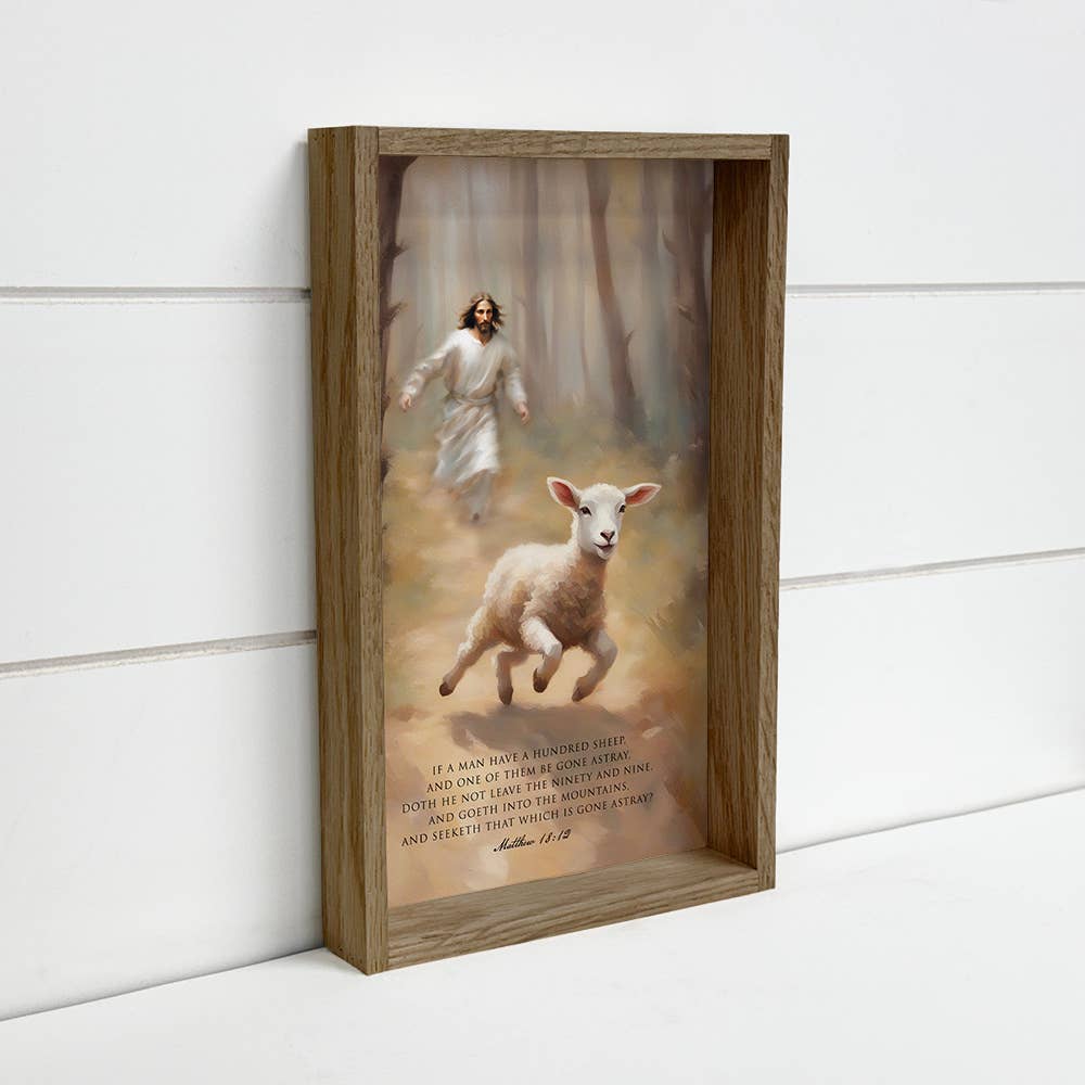 Jesus Chasing the Lost Sheep - Scripture Wall Art: 6x10" Mini Canvas Art with Wood Box Frame