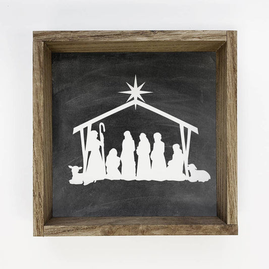 Nativity Black Canvas Wall Art Small Christmas Small Decor: 6x6" Mini Canvas Art with Wood Box Frame