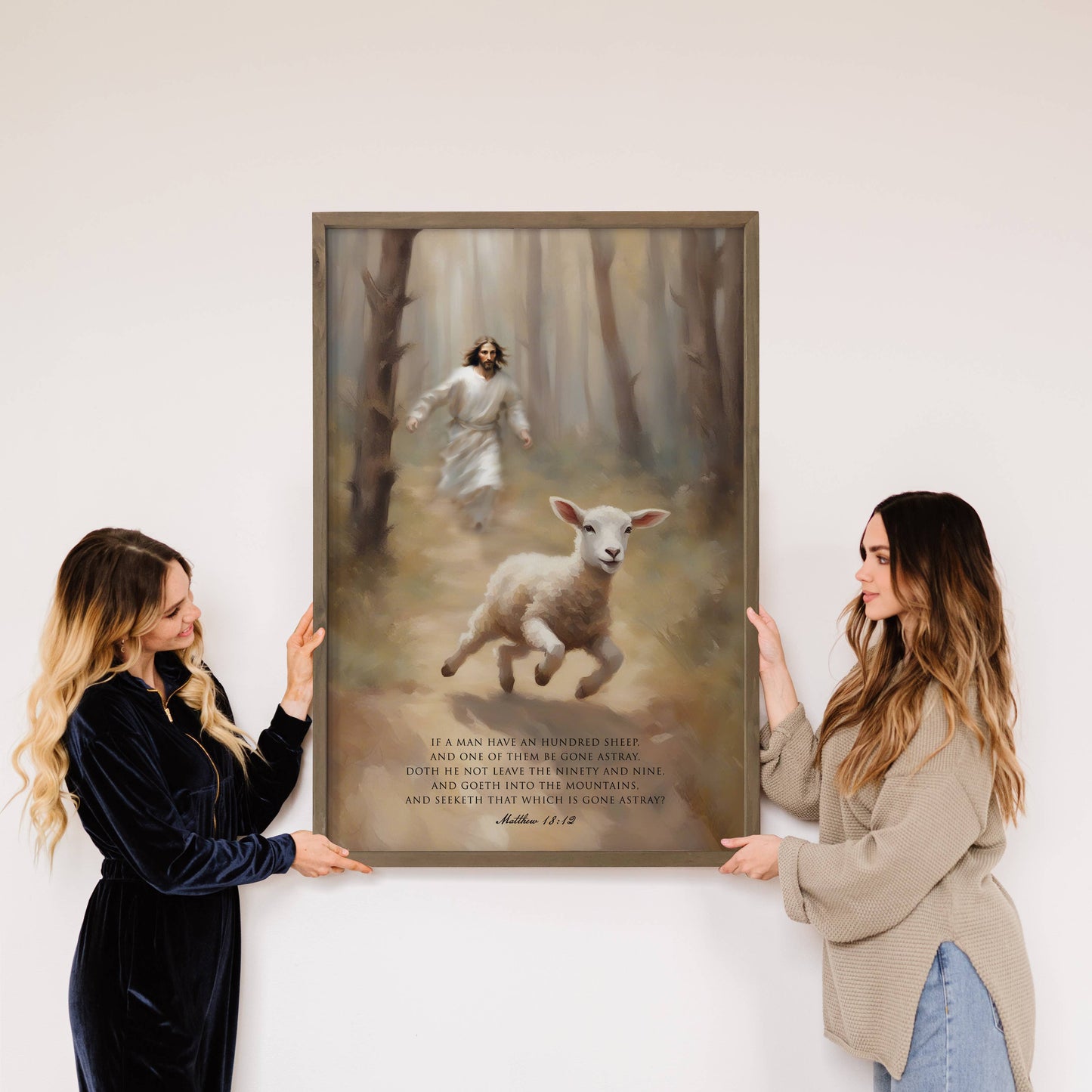 Jesus Chasing the Lost Sheep - Scripture Wall Art: 6x10" Mini Canvas Art with Wood Box Frame
