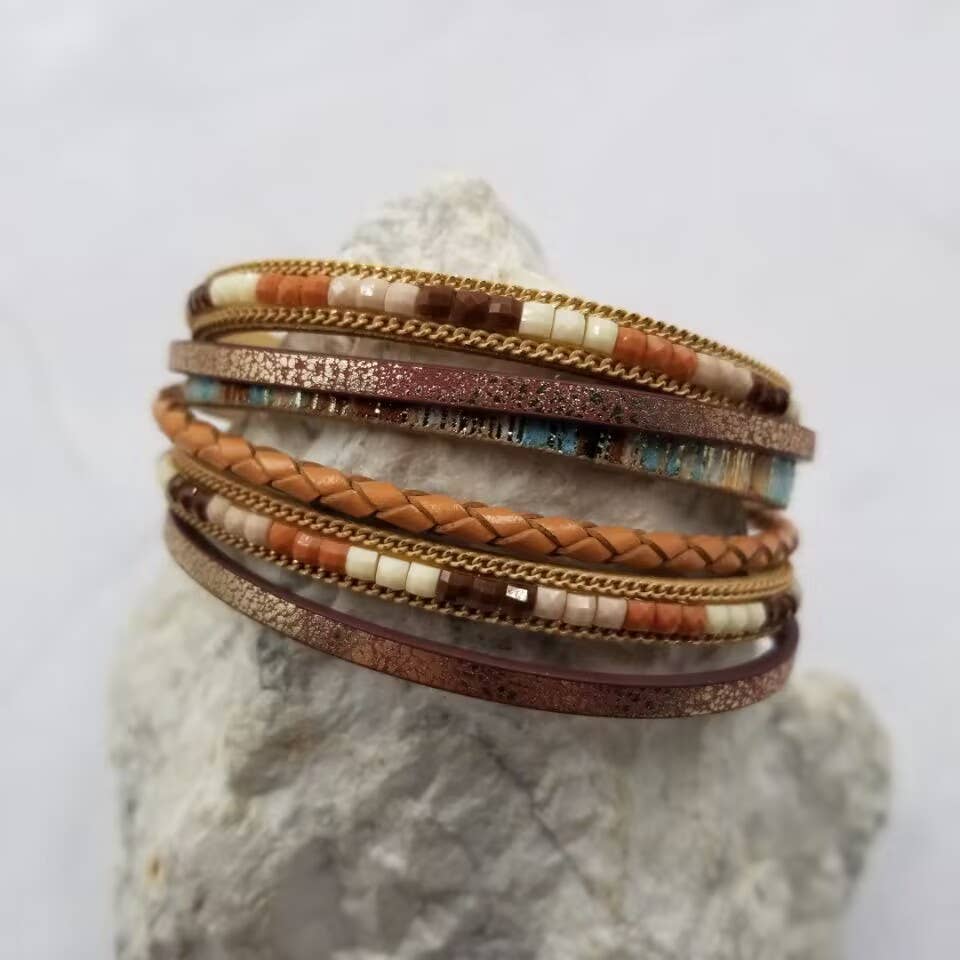 Boho Beaded Leather Wrap Magnetic Bracelet: Brown