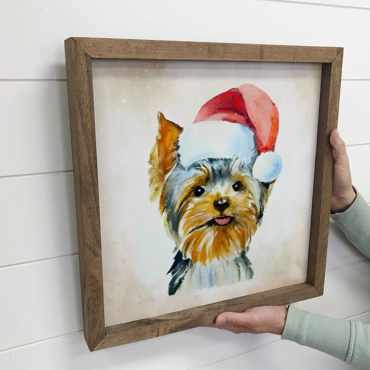 Yorkie Dog in Santa Hat Christmas Small Canvas Sign: 6x6" Mini Canvas Art with Wood Box Frame