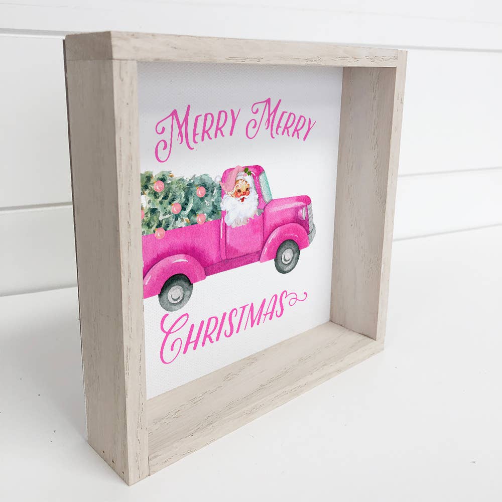 Pink Christmas Vintage Truck Wood Sign with Whitewash Frame: 6x6" Mini Canvas Art with Wood Box Frame
