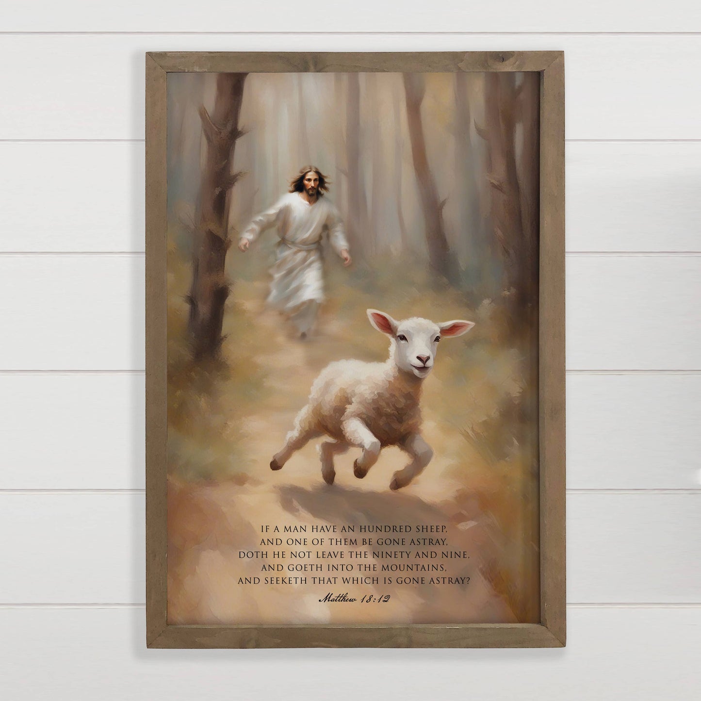 Jesus Chasing the Lost Sheep - Scripture Wall Art: 6x10" Mini Canvas Art with Wood Box Frame