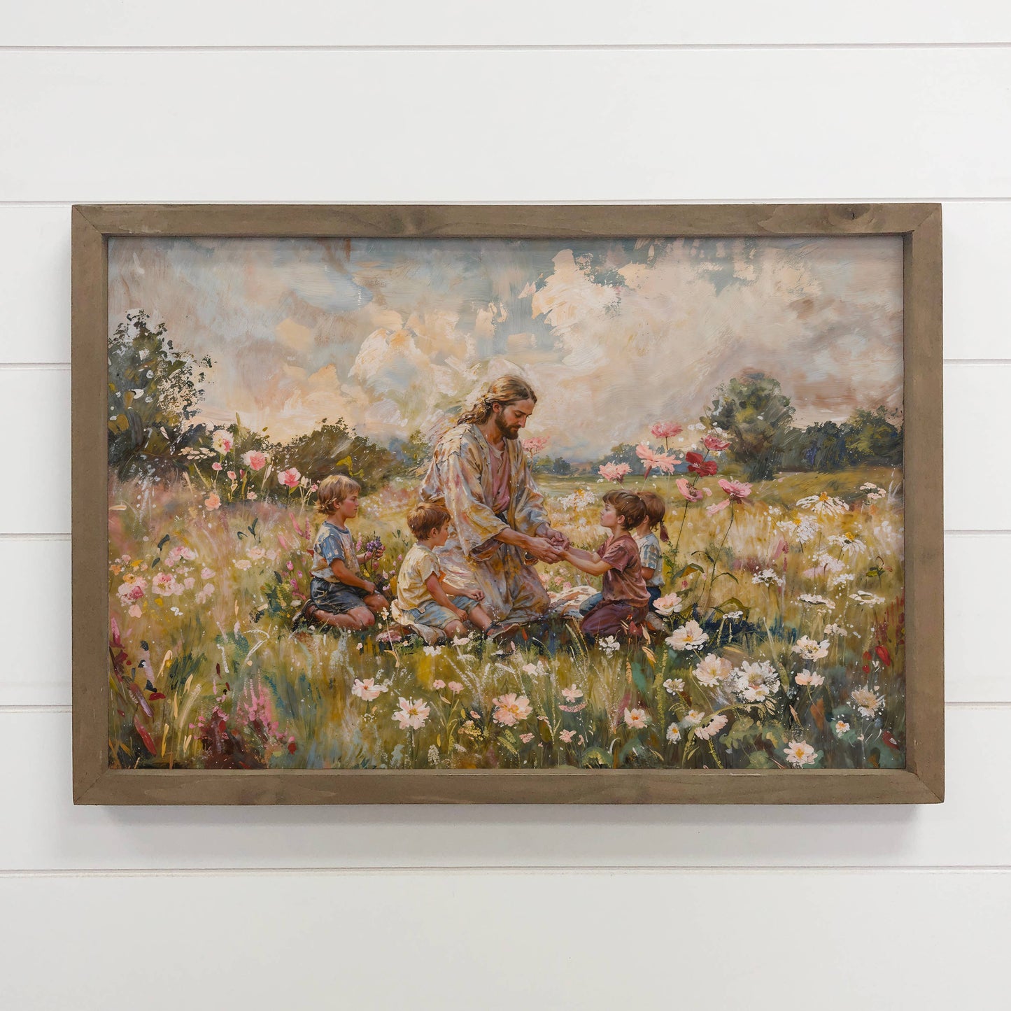 Jesus Christ with Children Meadow - Farmhouse Living Room : 6x10" Mini Canvas Art with Wood Box Frame