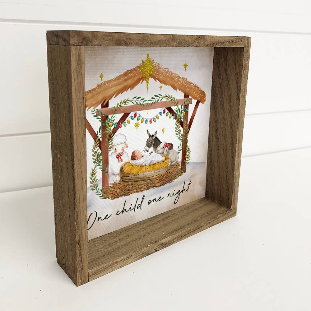 Cute Nativity Christmas Sign - Baby Jesus in a Manger: 6x6" Mini Canvas Art with Wood Box Frame