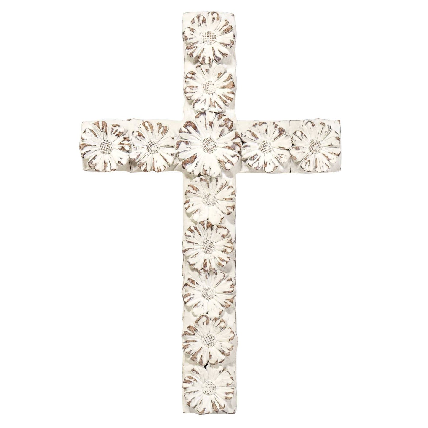 WHITE FLORAL RESIN WALL CROSS 10"