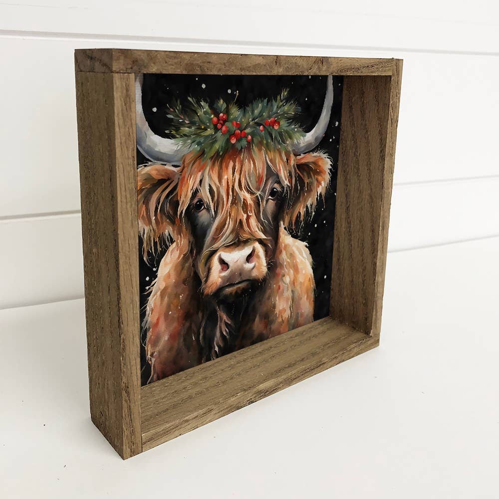 Highland Cow Christmas Black Background - Holiday Animal Art: 6x6" Mini Canvas Art with Wood Box Frame