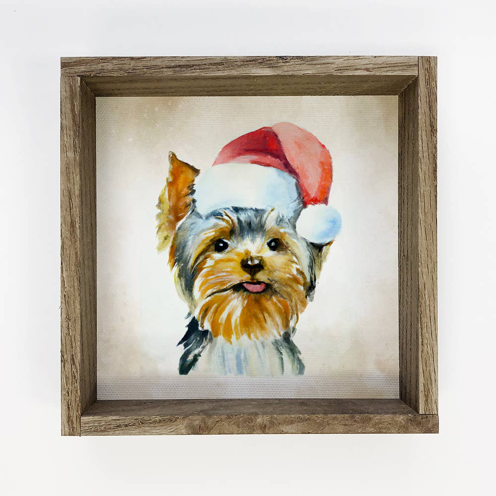 Yorkie Dog in Santa Hat Christmas Small Canvas Sign: 6x6" Mini Canvas Art with Wood Box Frame