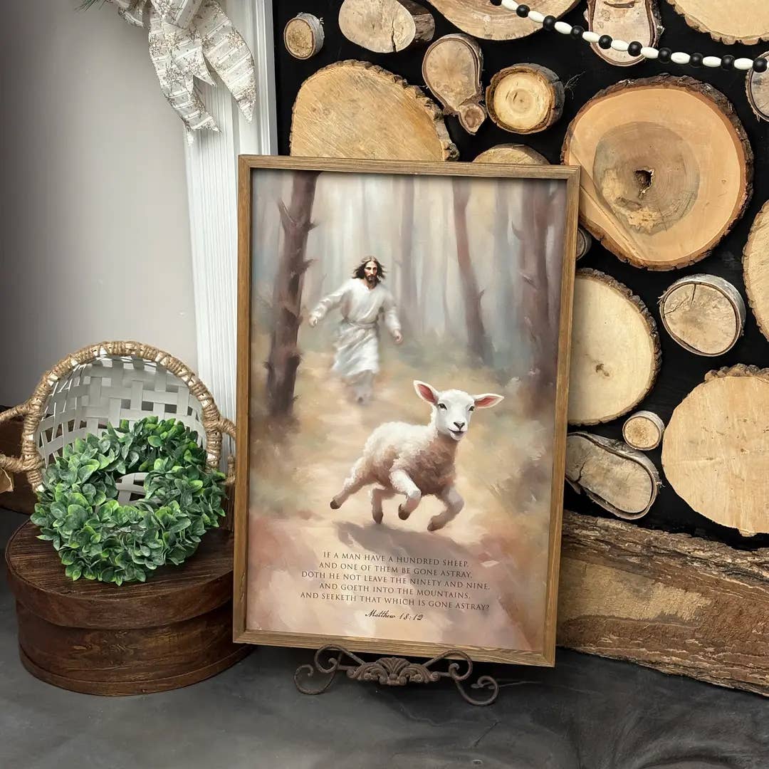 Jesus Chasing the Lost Sheep - Scripture Wall Art: 6x10" Mini Canvas Art with Wood Box Frame
