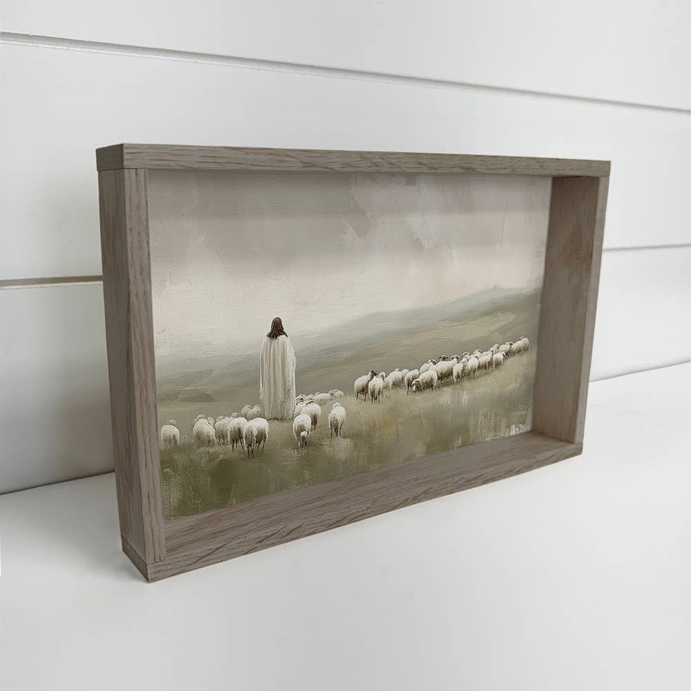 Jesus Flock of Sheep - Jesus Canvas Art - Wood Framed Decor: 6x10" Mini Canvas Art with Wood Box Frame