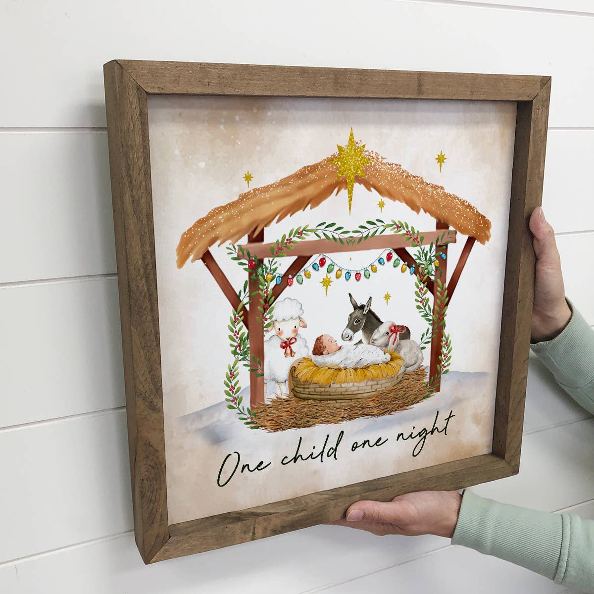 Cute Nativity Christmas Sign - Baby Jesus in a Manger: 6x6" Mini Canvas Art with Wood Box Frame