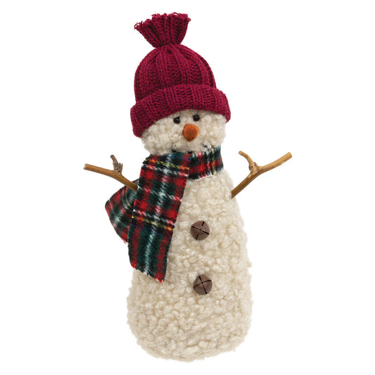 Burgundy Hat Snowman w/Green & Red Plaid Scarf - 9.5"H