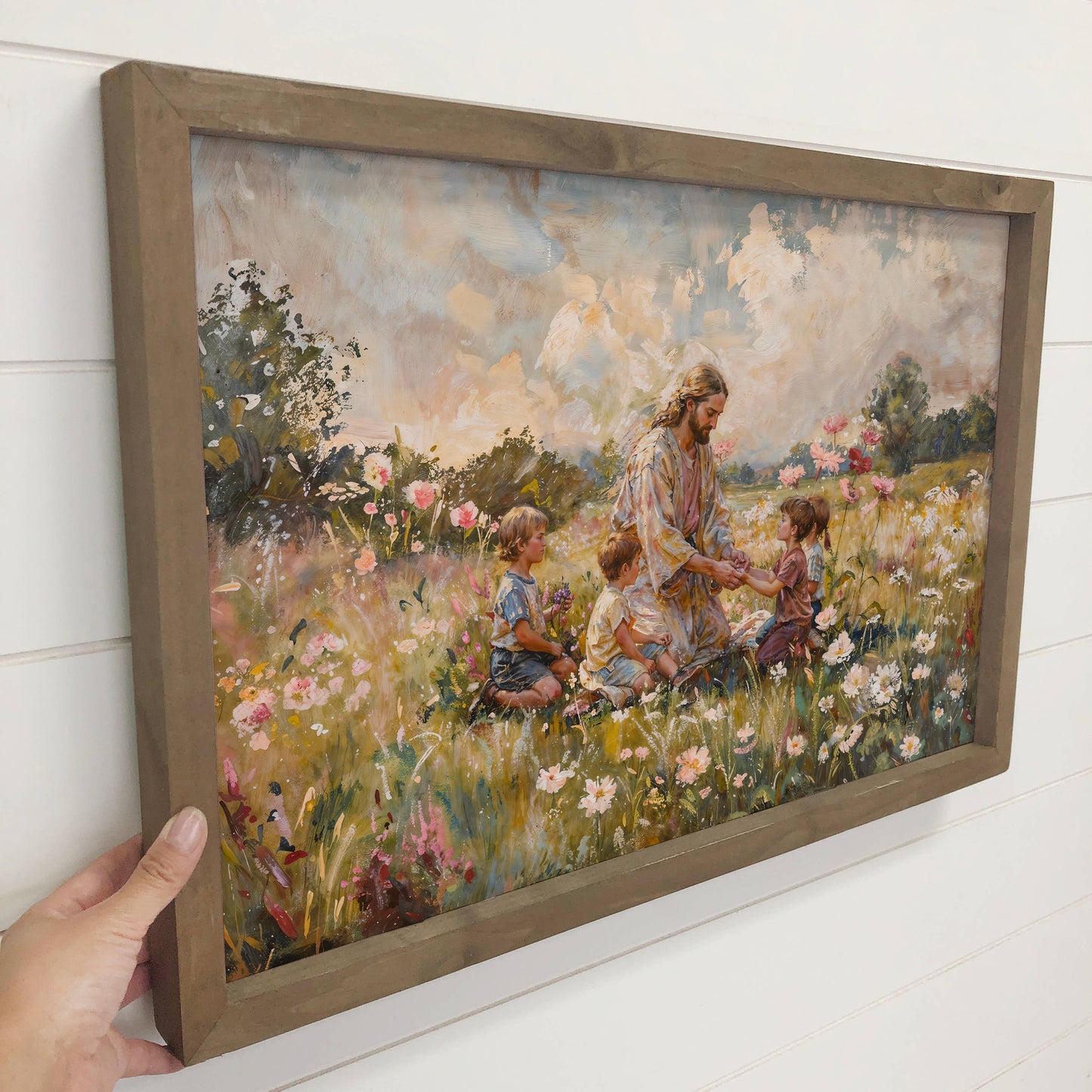 Jesus Christ with Children Meadow - Farmhouse Living Room : 6x10" Mini Canvas Art with Wood Box Frame