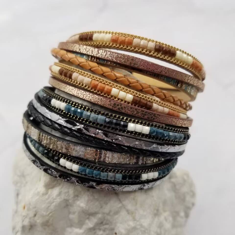 Boho Beaded Leather Wrap Magnetic Bracelet: Brown