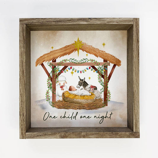 Cute Nativity Christmas Sign - Baby Jesus in a Manger: 6x6" Mini Canvas Art with Wood Box Frame