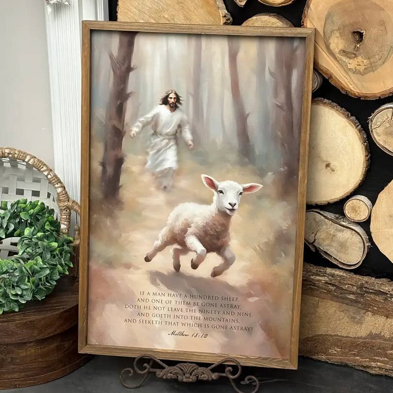 Jesus Chasing the Lost Sheep - Scripture Wall Art: 6x10" Mini Canvas Art with Wood Box Frame