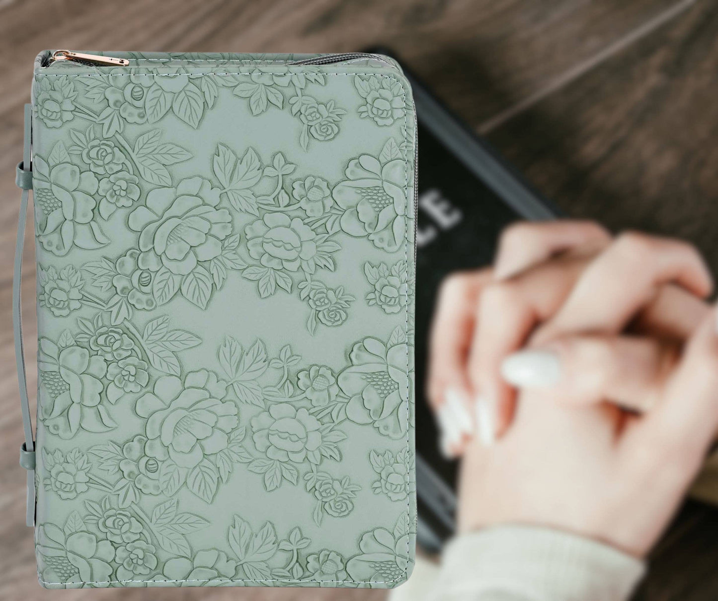 White Dove Bible Case Sculpted Floral Green XLarge