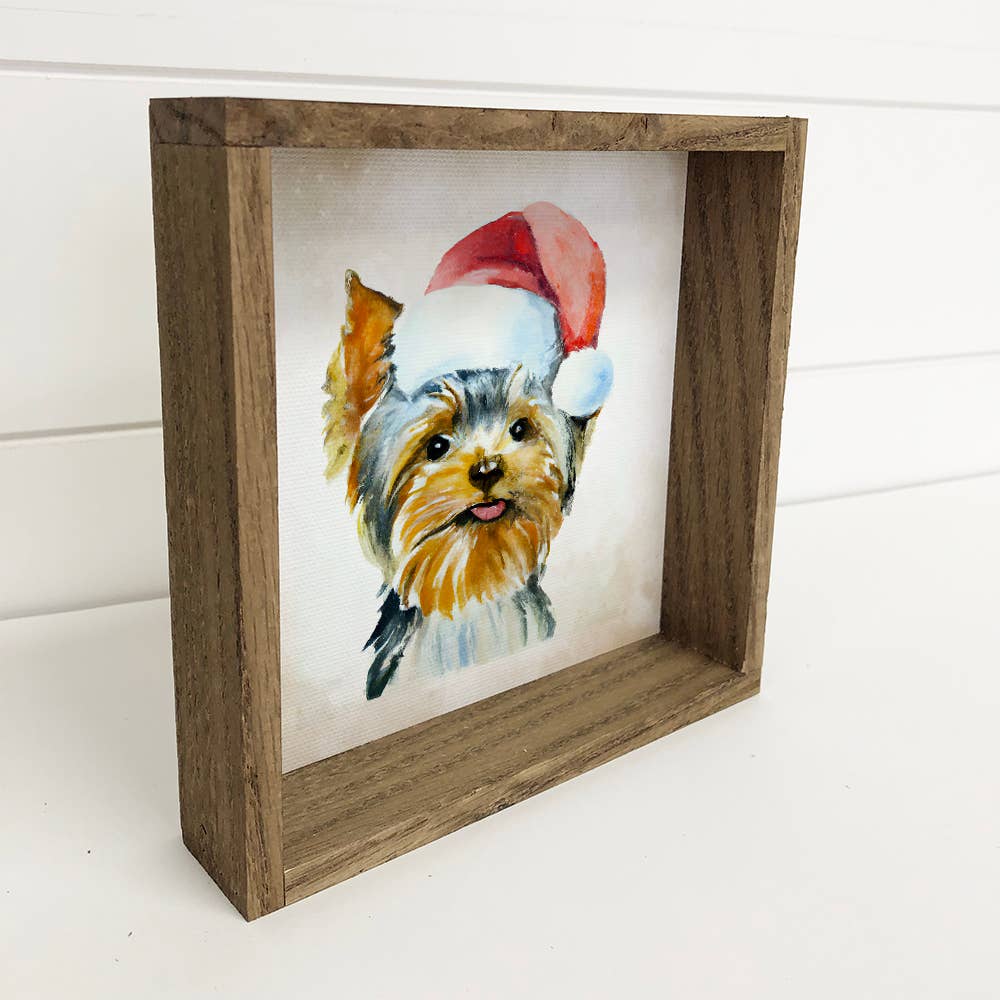Yorkie Dog in Santa Hat Christmas Small Canvas Sign: 6x6" Mini Canvas Art with Wood Box Frame