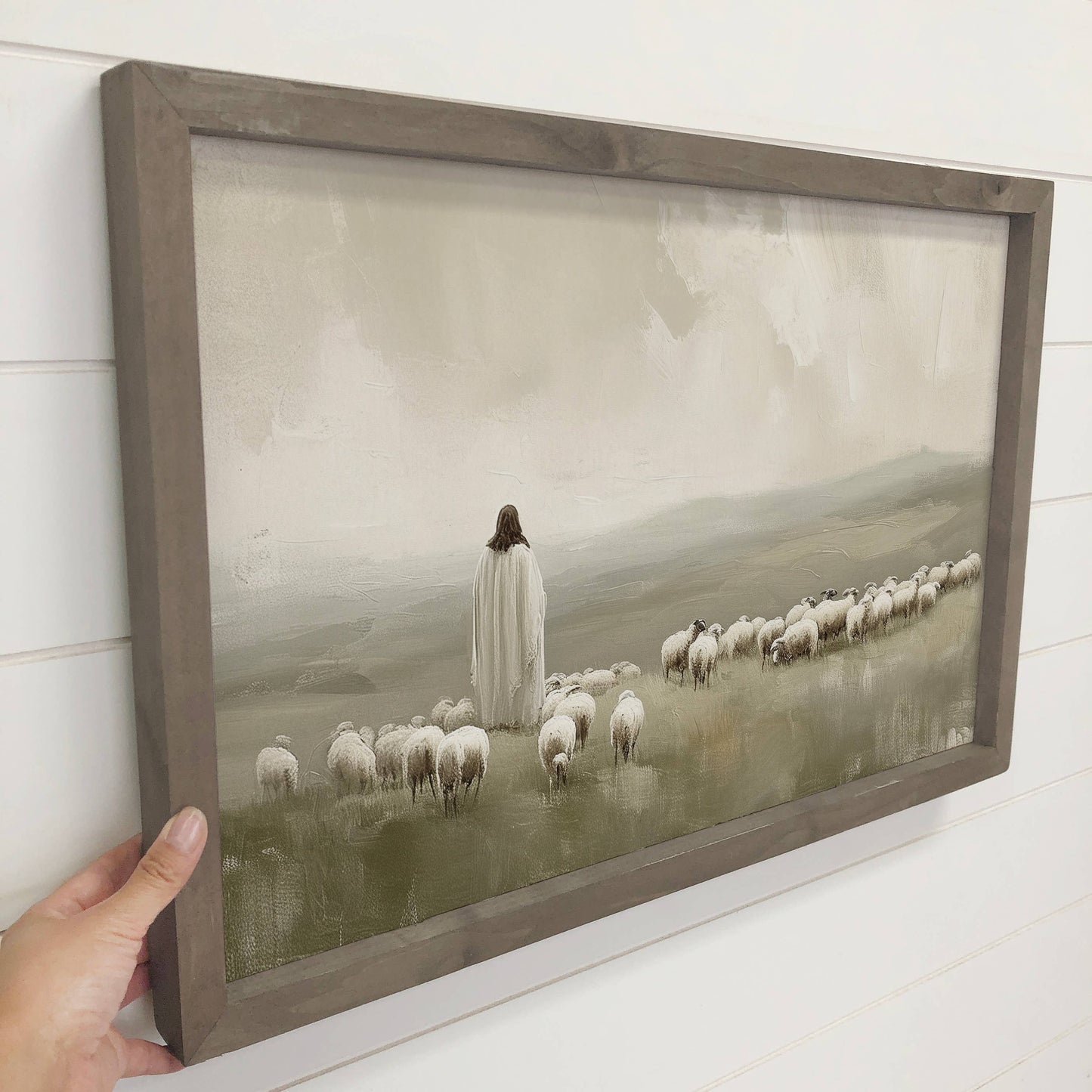 Jesus Flock of Sheep - Jesus Canvas Art - Wood Framed Decor: 6x10" Mini Canvas Art with Wood Box Frame